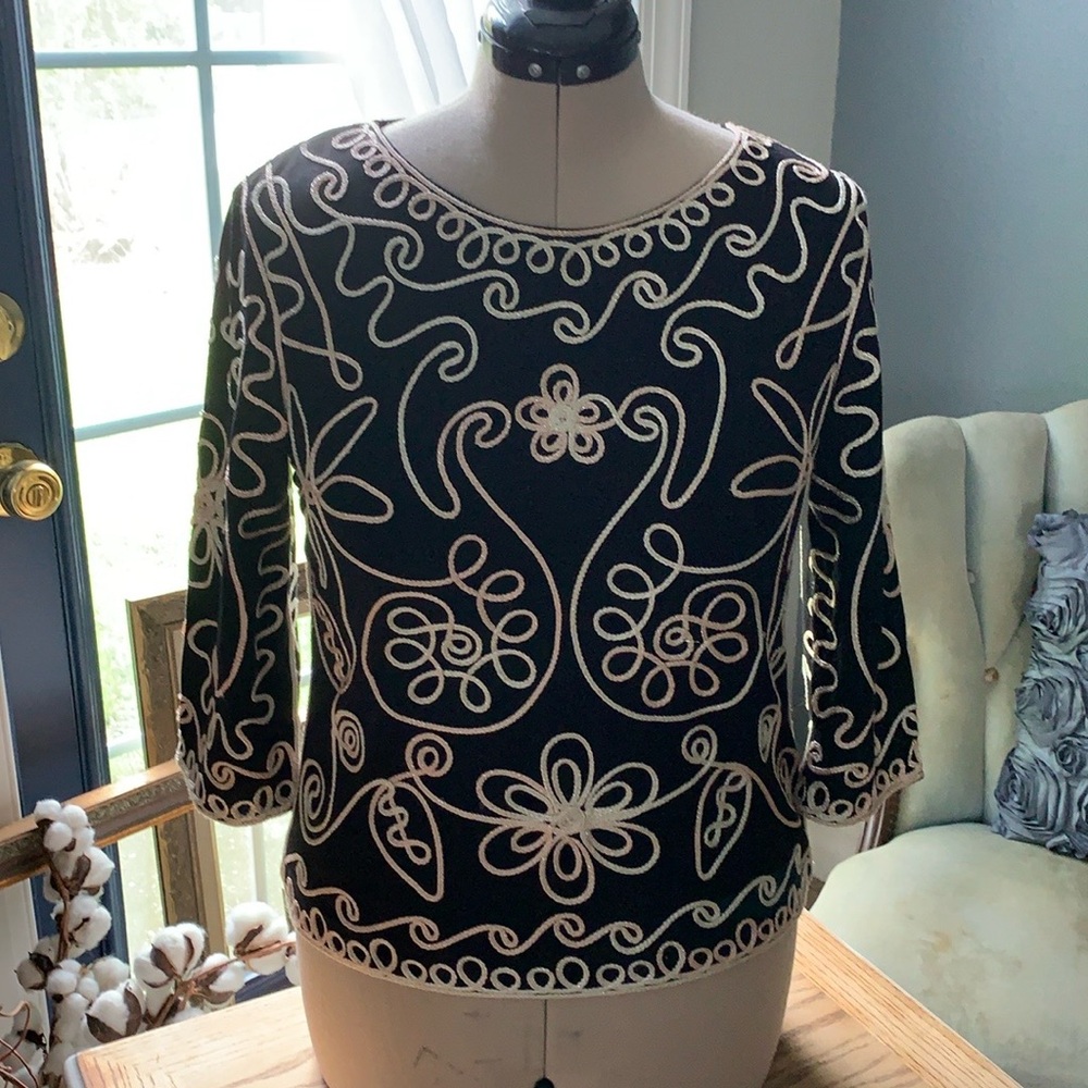Black and Cream Embroidered Women's Top